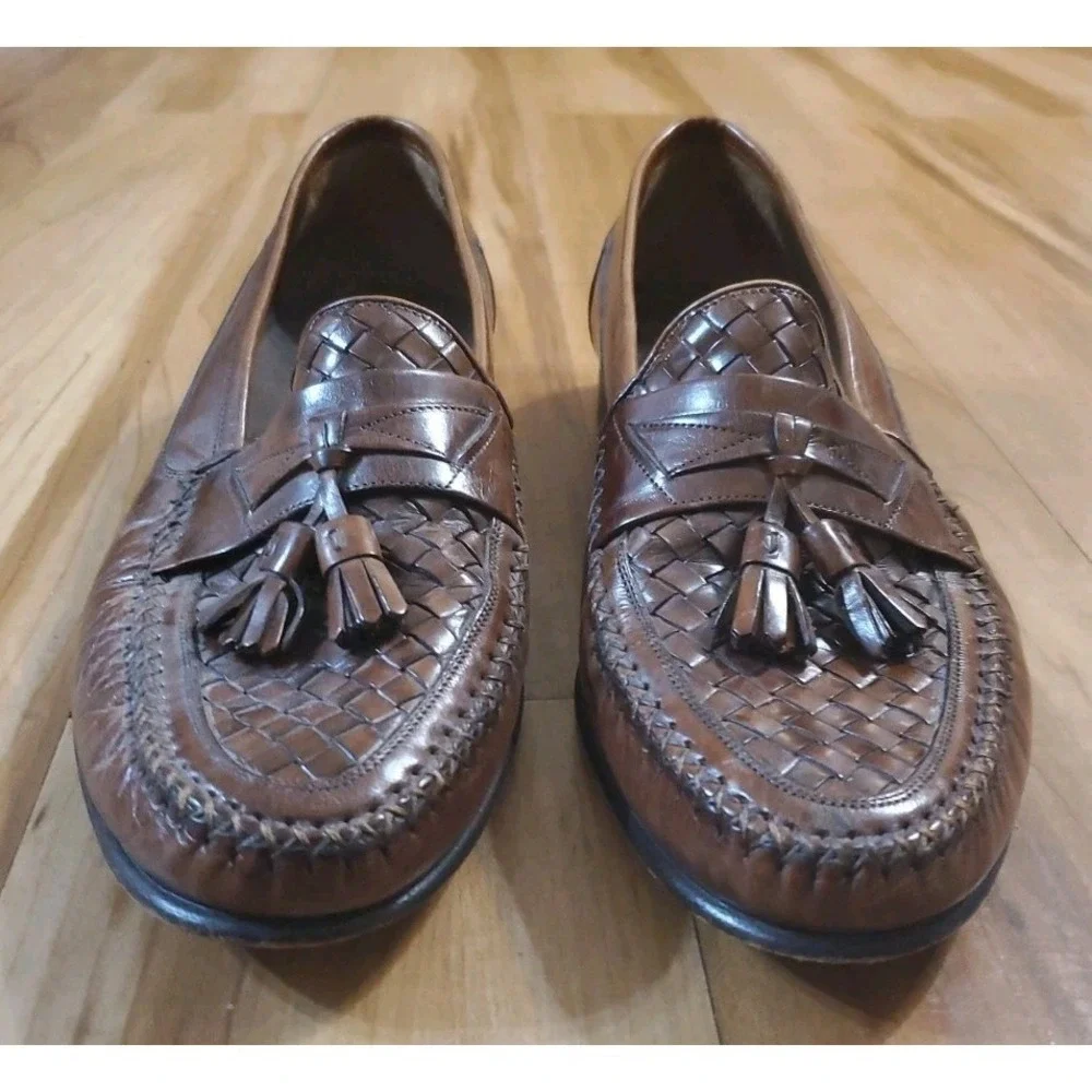 JOHNSTON MURPHY Dress Shoes Brown Woven Leather Italian Tassel Loafers Size 9M‎